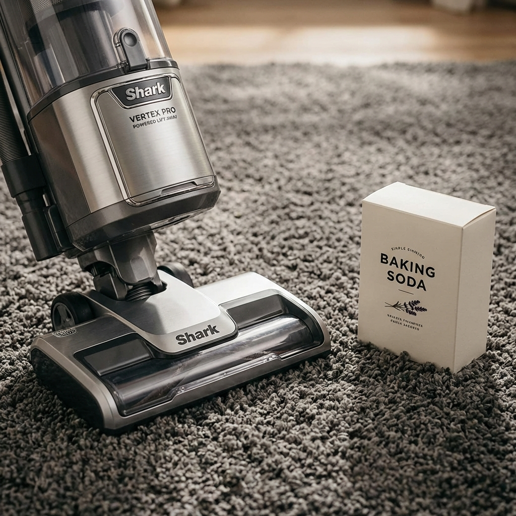 A Shark Vertex Pro on a plush carpet next to a box of baking soda