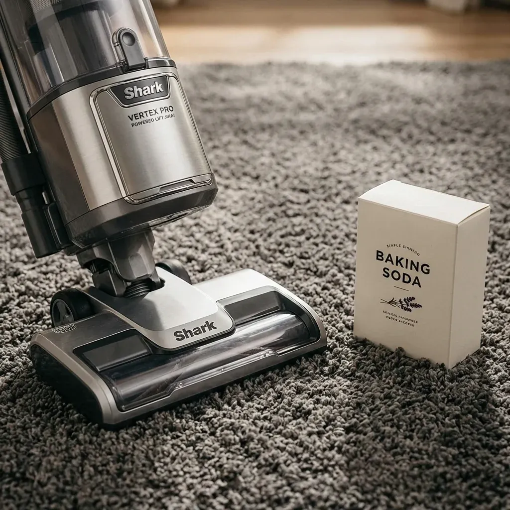 A Shark Vertex Pro on a plush carpet next to a box of baking soda