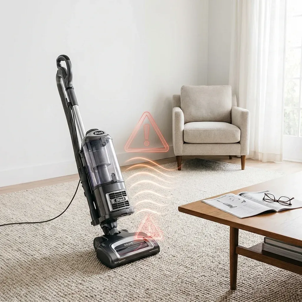 A Shark Navigator vacuum cleaner on a carpet with heat waves indicating overheating