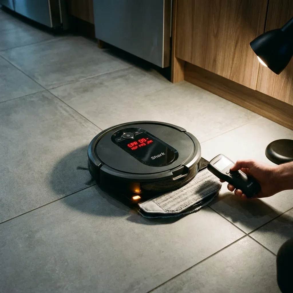 A Shark 2-in-1 robot vacuum paused showing an error indicator on a tile floor