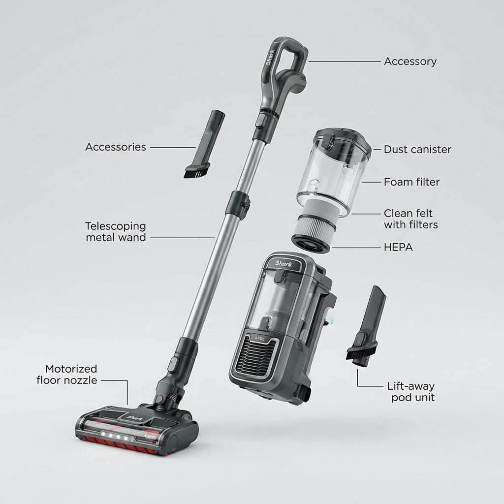 An exploded-view diagram of a Shark Apex vacuum showing all main components