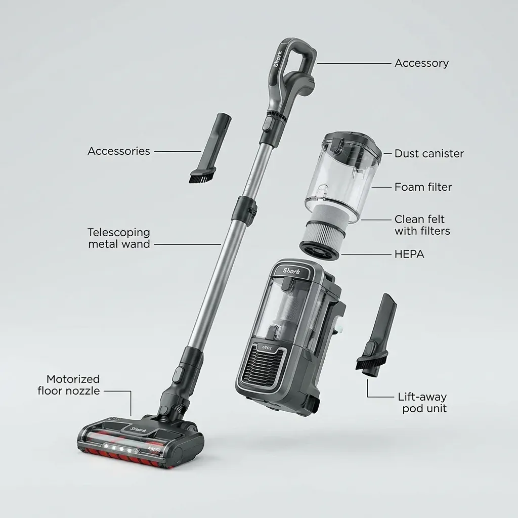 An exploded-view diagram of a Shark Apex vacuum showing all main components