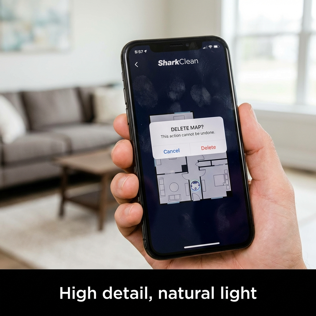 A smartphone displaying the SharkClean app with a map deletion confirmation pop-up