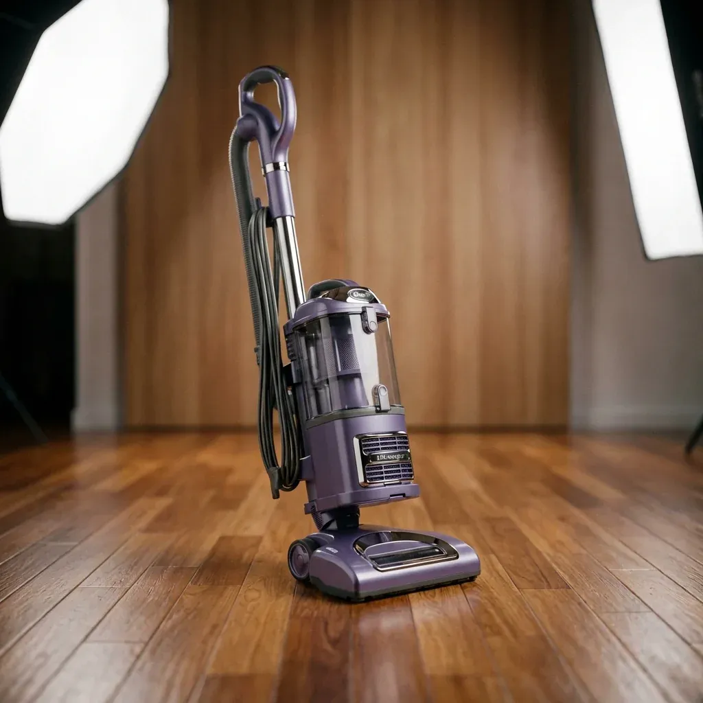A Shark Navigator Lift-Away vacuum displayed as a premium budget option on a hardwood floor