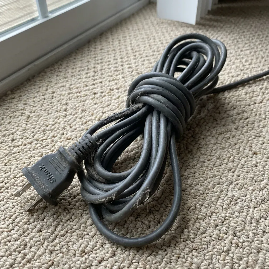 A damaged vacuum power cord near the strain relief base