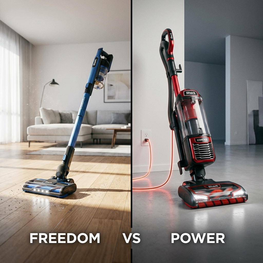 A split-screen comparison of a sleek cordless Shark vacuum versus a powerful corded Shark upright