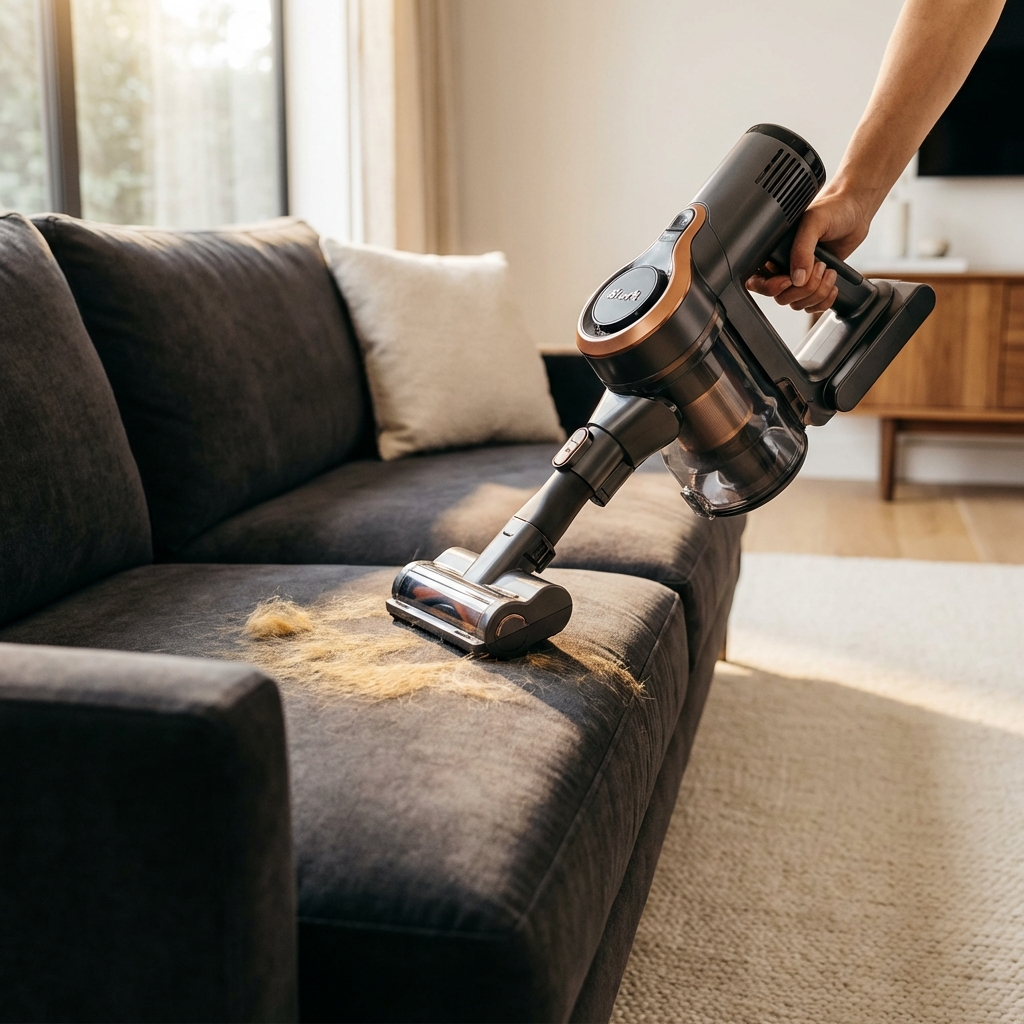 A cordless Shark vacuum cleaning golden pet hair from a charcoal fabric sofa
