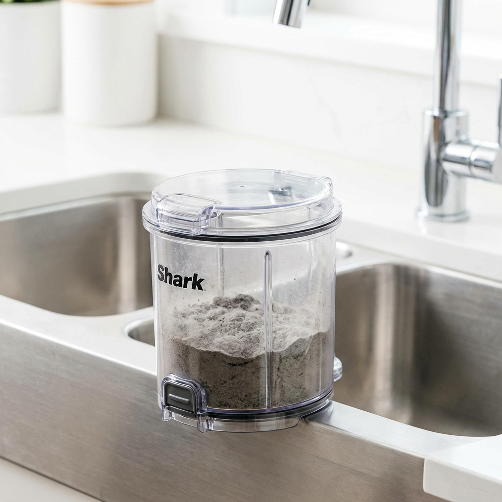 A Shark vacuum dust cup being washed in a sink with soapy water