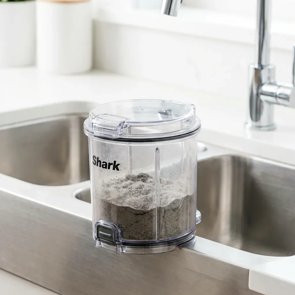 A Shark vacuum dust cup being washed in a sink with soapy water