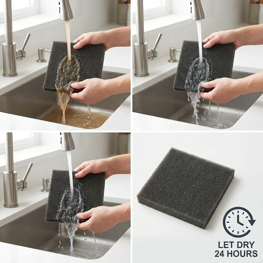 A person washing a Shark foam filter under running water with dirty water turning clear