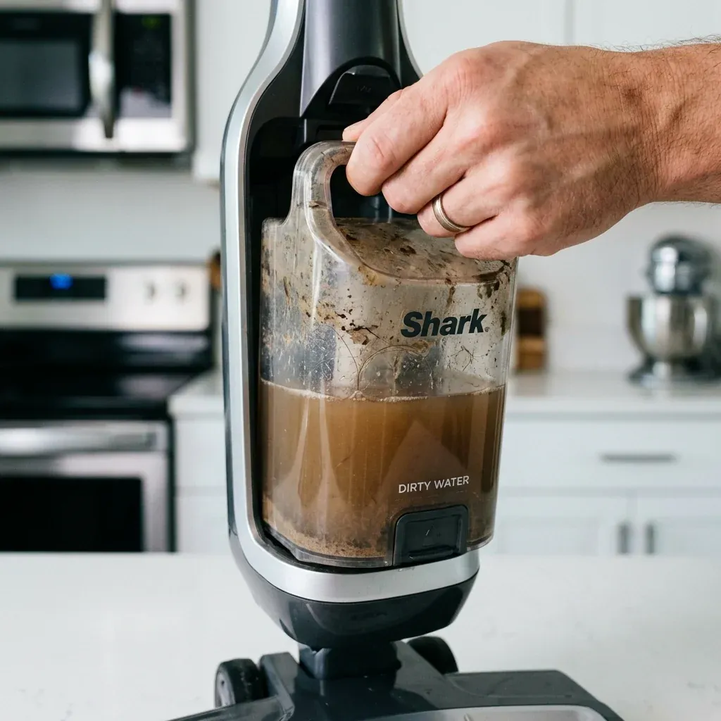 A Shark HydroVac dirty water tank full of murky water being removed for emptying