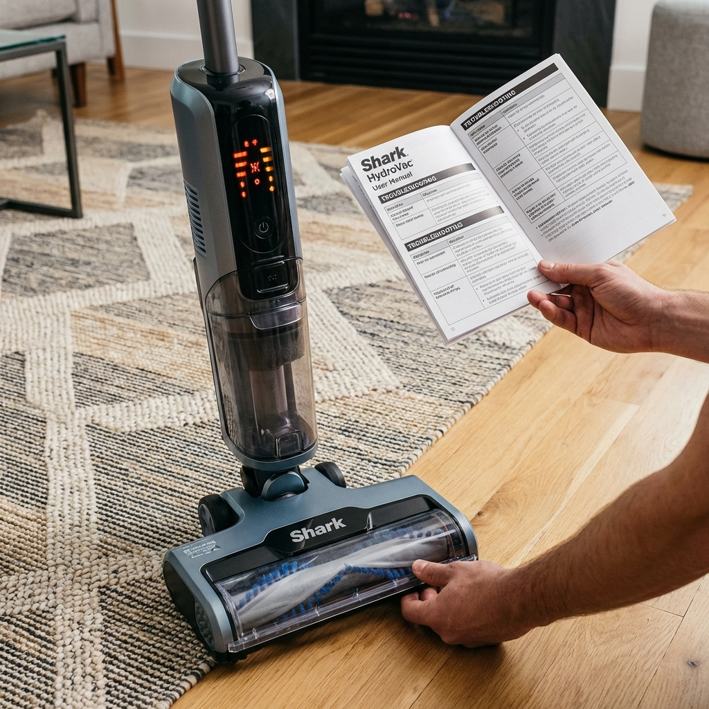 A Shark HydroVac with warning lights flashing while a user consults the manual