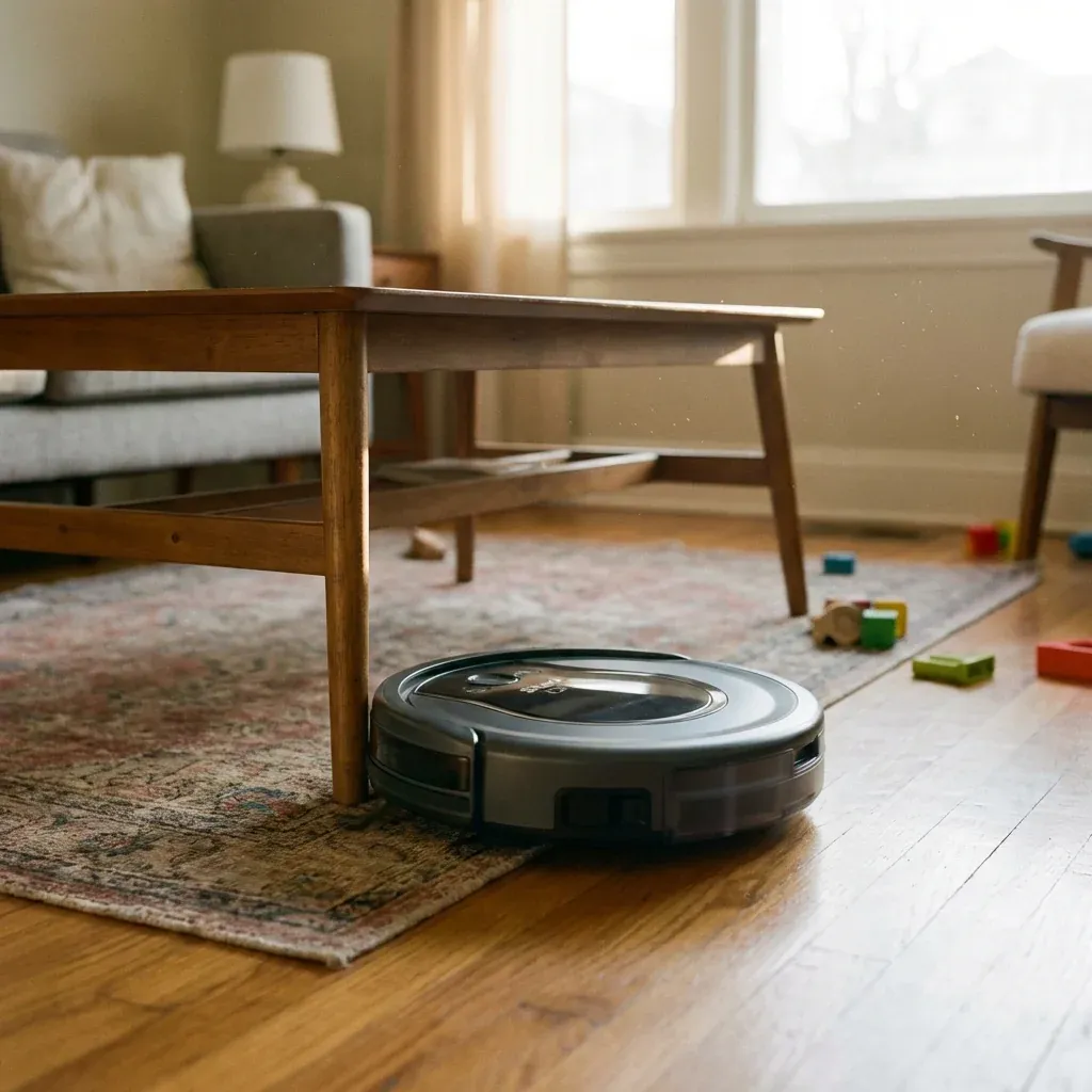 A Shark ION robot vacuum navigating near furniture in a living room