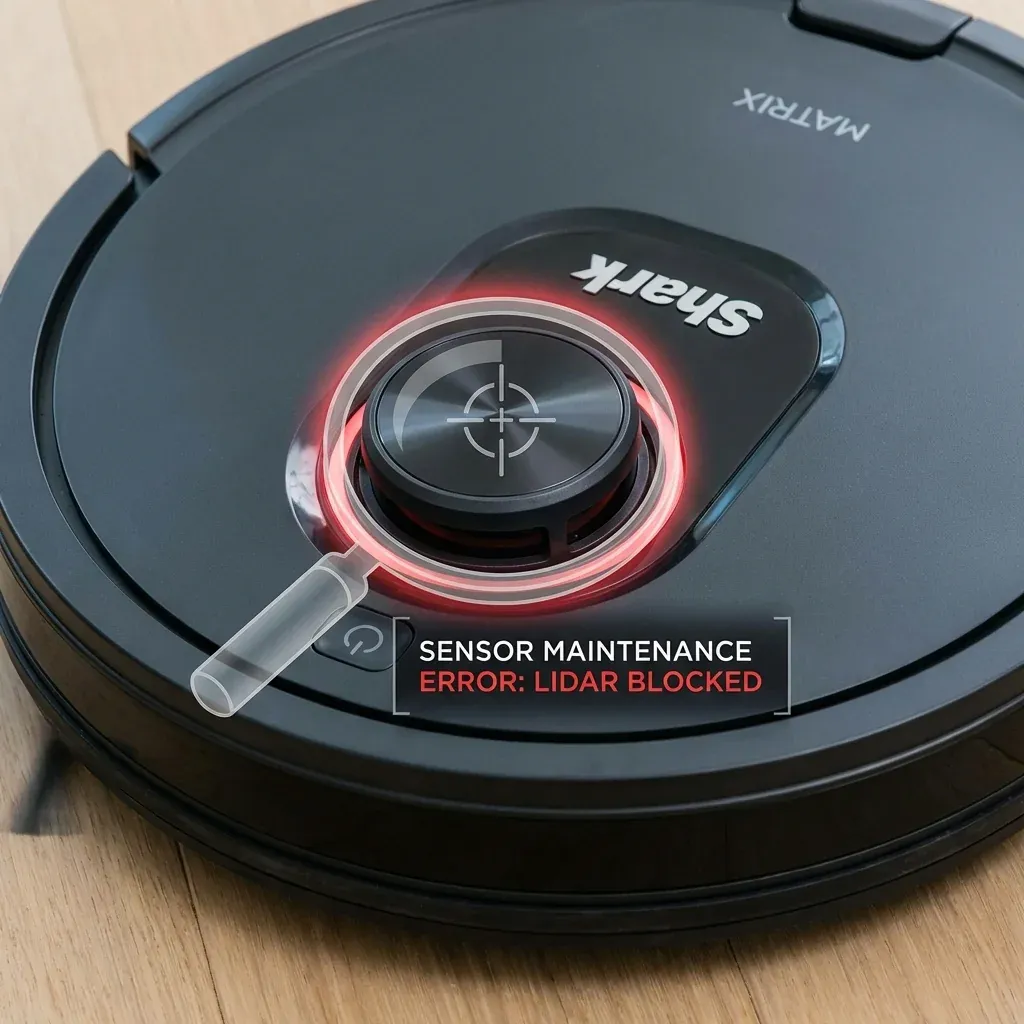 A close-up of a Shark Matrix robot LIDAR turret highlighted for troubleshooting