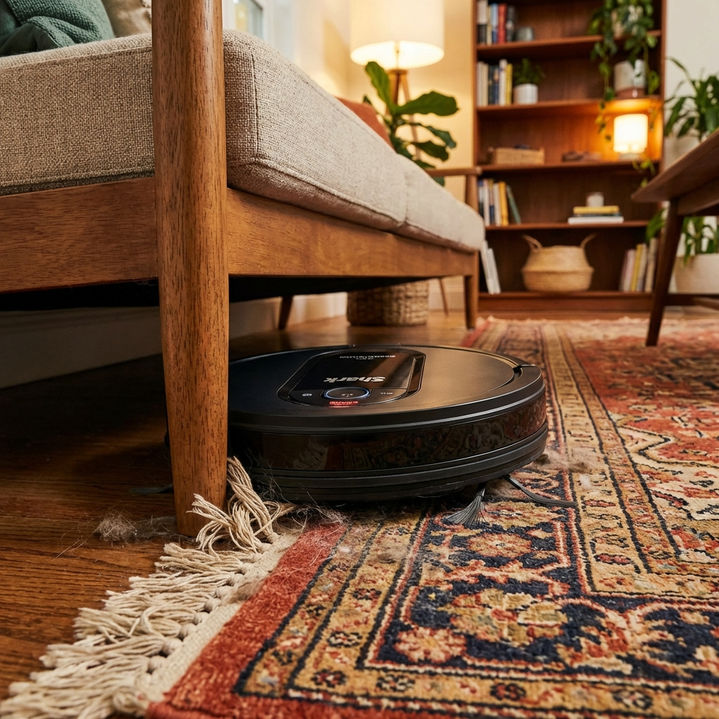 A Shark Matrix robot vacuum getting stuck under a sofa in a living room