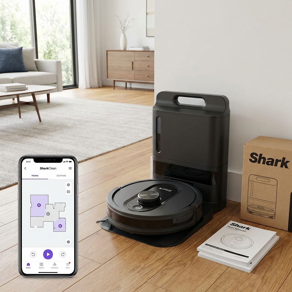 A Shark Matrix robot vacuum setup kit with base, manual, and smartphone app