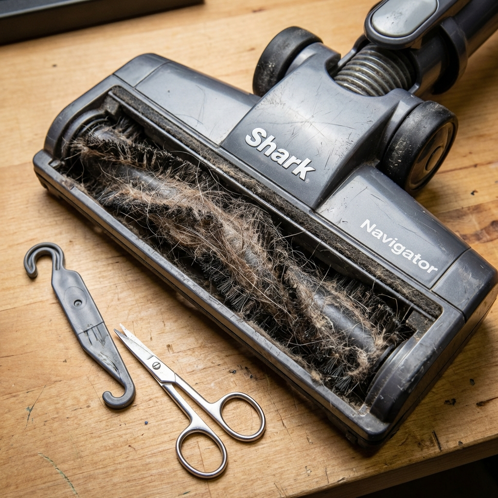 A clogged Shark Navigator brush roll with scissors nearby for cleaning