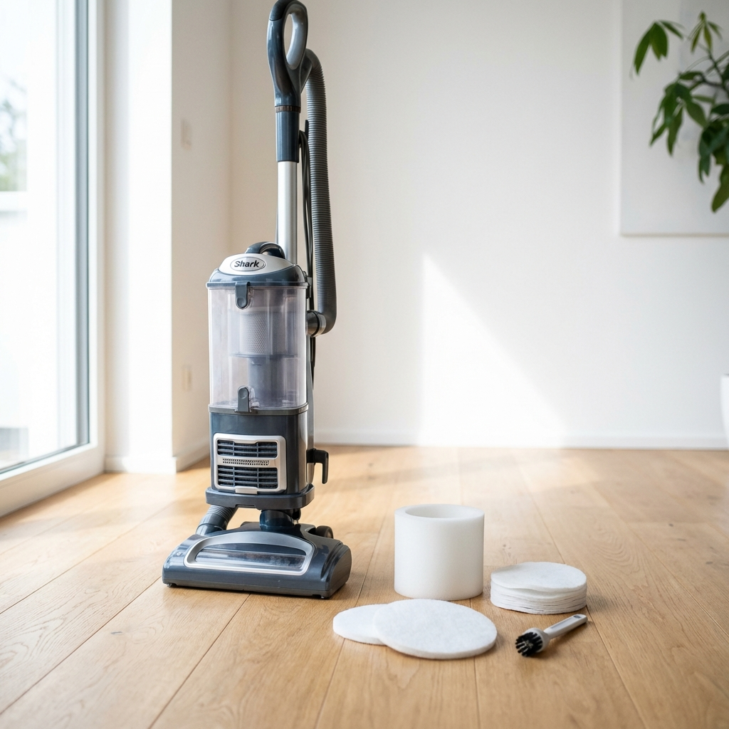 A Shark Navigator vacuum cleaner on a wooden floor with cleaning filters and tools nearby
