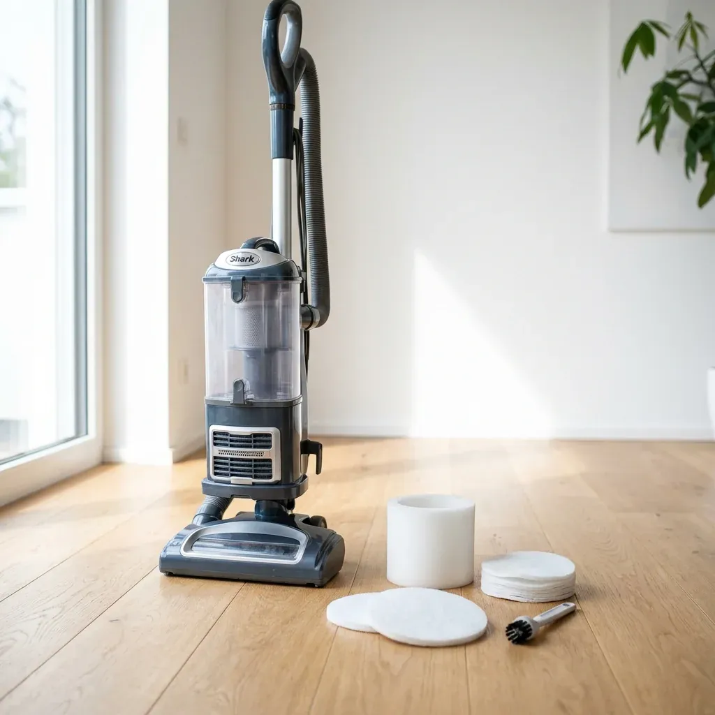 A Shark Navigator vacuum cleaner on a wooden floor with cleaning filters and tools nearby