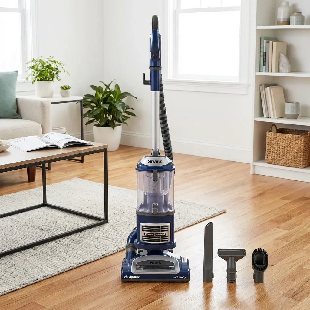 A Shark Navigator Lift-Away vacuum assembled with attachments and manual