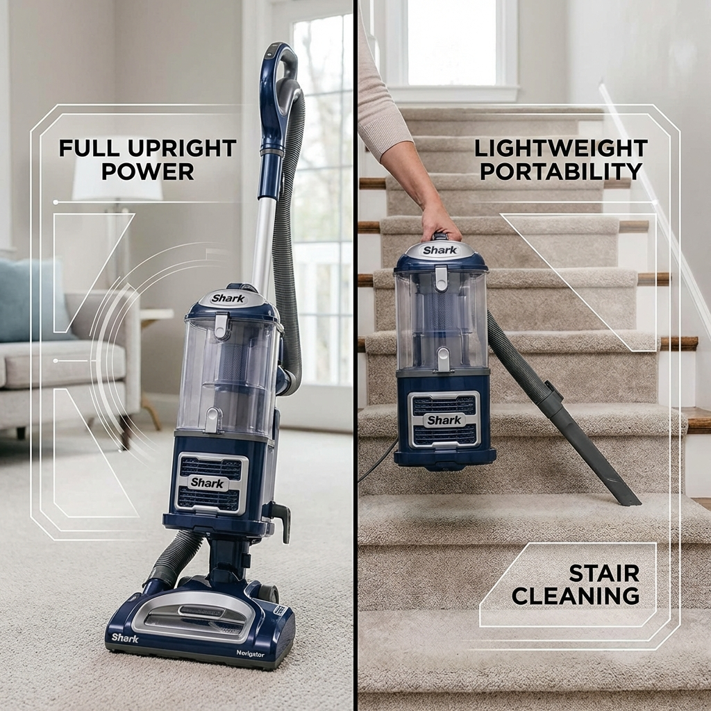 A split view comparing a Shark Navigator in upright ease vs. Lift-Away mode