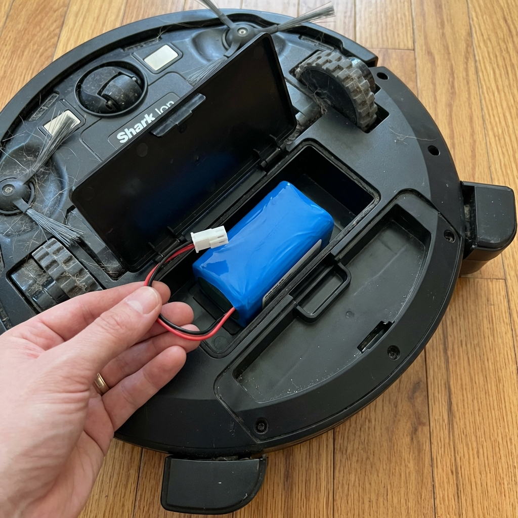 A person installing a new lithium-ion battery into a Shark robot vacuum