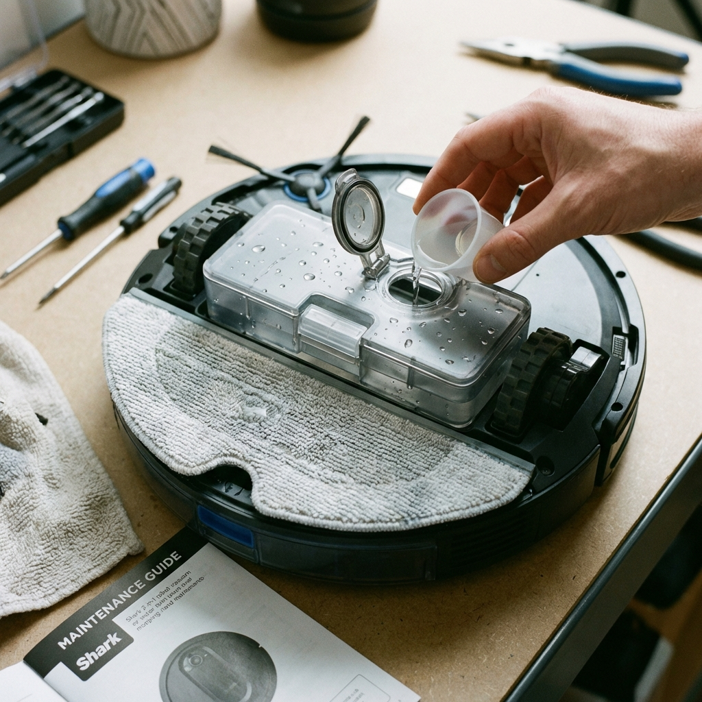 Close-up of filling the water tank on a Shark robot vacuum mop