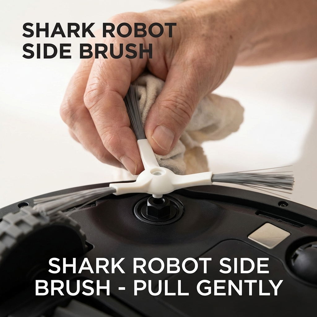 A person snapping a new side brush onto a Shark robot vacuum