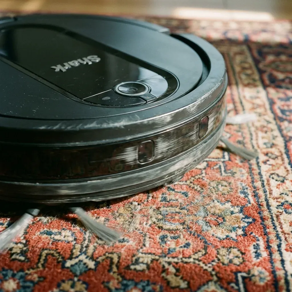 A Shark robot vacuum spinning on a hardwood floor