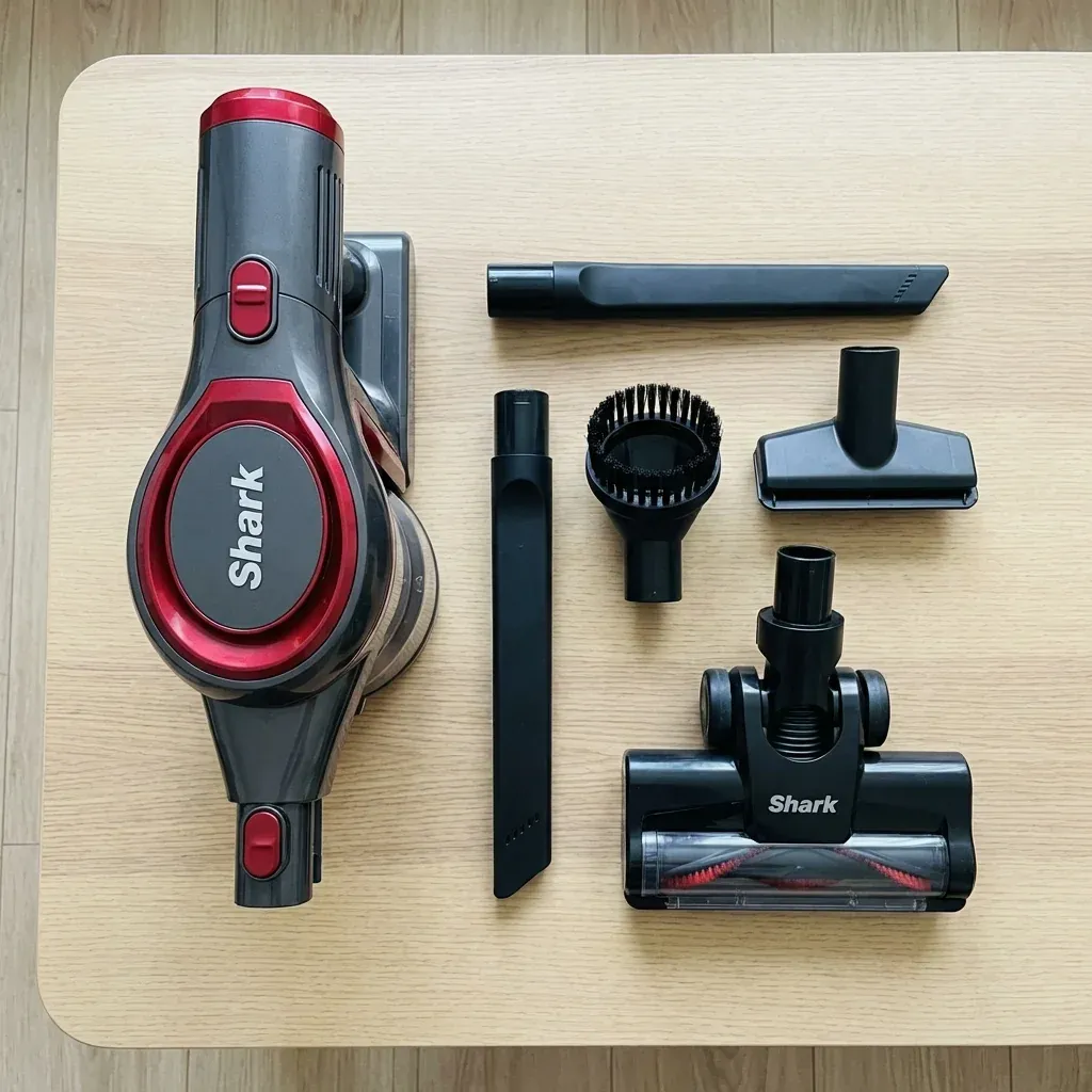 A flat-lay arrangement of Shark Rocket vacuum attachments and handheld unit