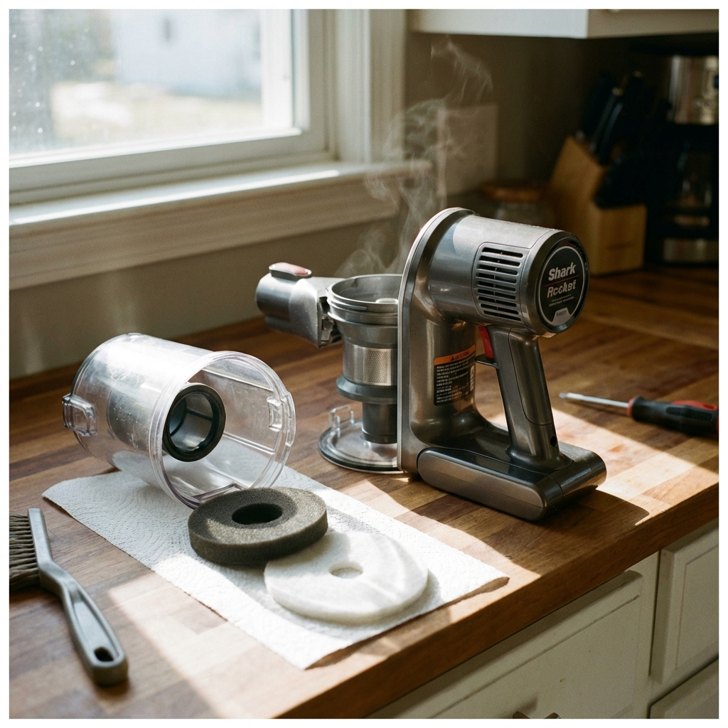 A Shark Rocket vacuum disassembled for cooling and filter maintenance