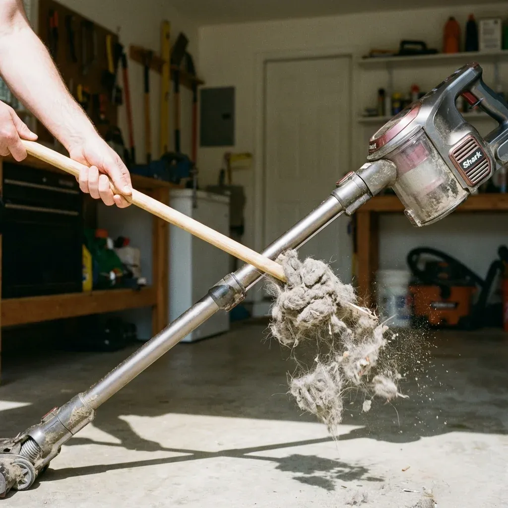 Using a stick to push a large dust clog out of a Shark Rocket wand