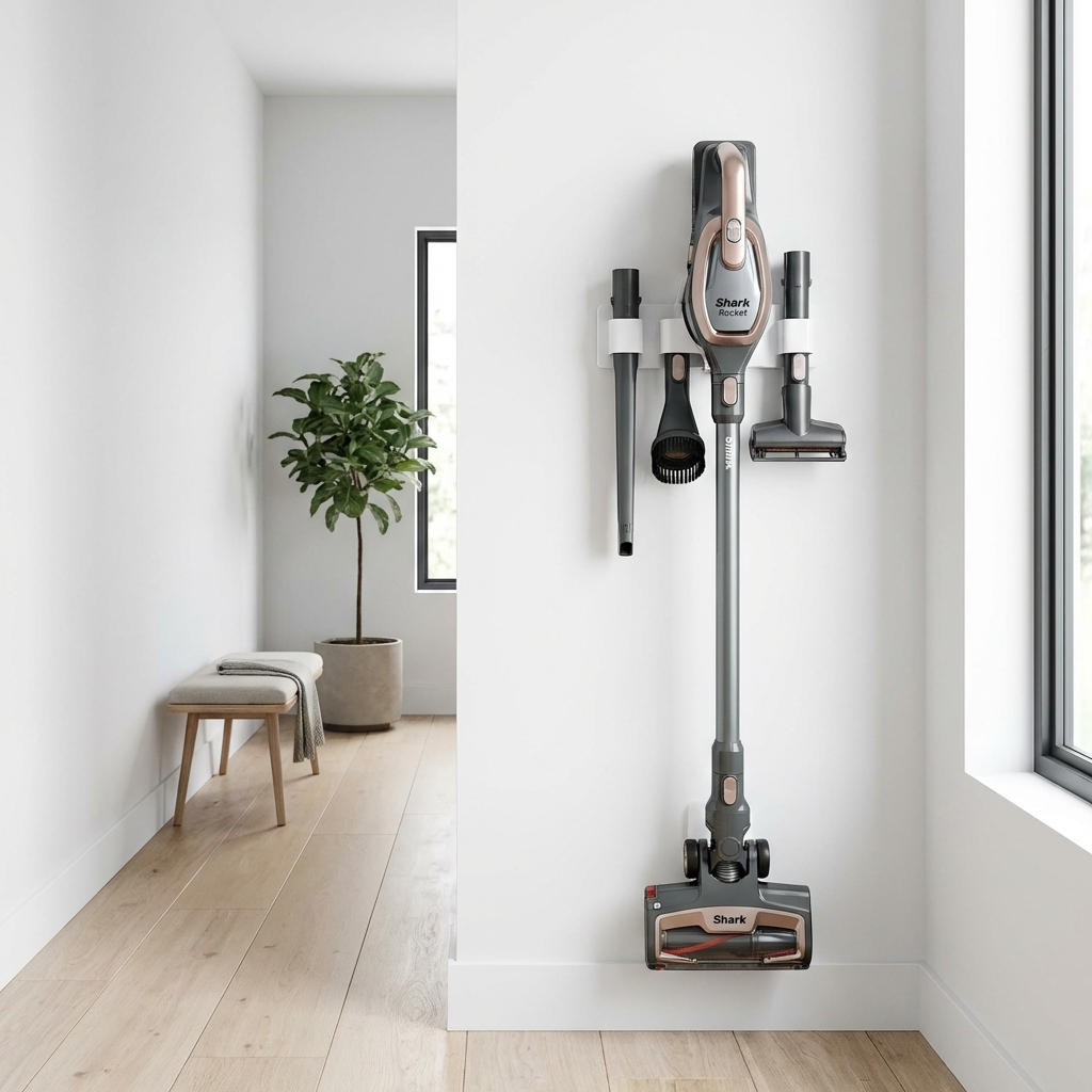 A Shark Rocket vacuum and its accessories mounted on a clean white wall