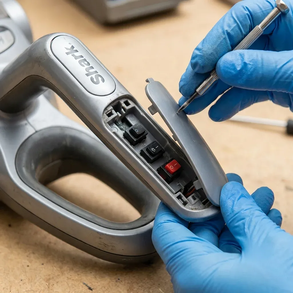 A person's hands repairing the internal power switch of a Shark Rotator handle