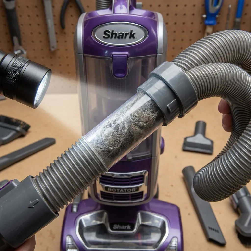A technician using a flashlight to inspect a visible hair clog inside a Shark Rotator vacuum hose