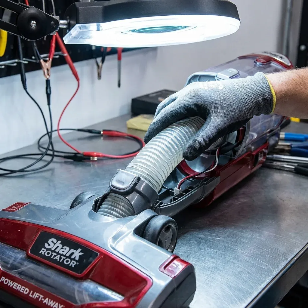 A close-up of a hand inspecting the lower suction hose on a Shark Rotator vacuum nozzle