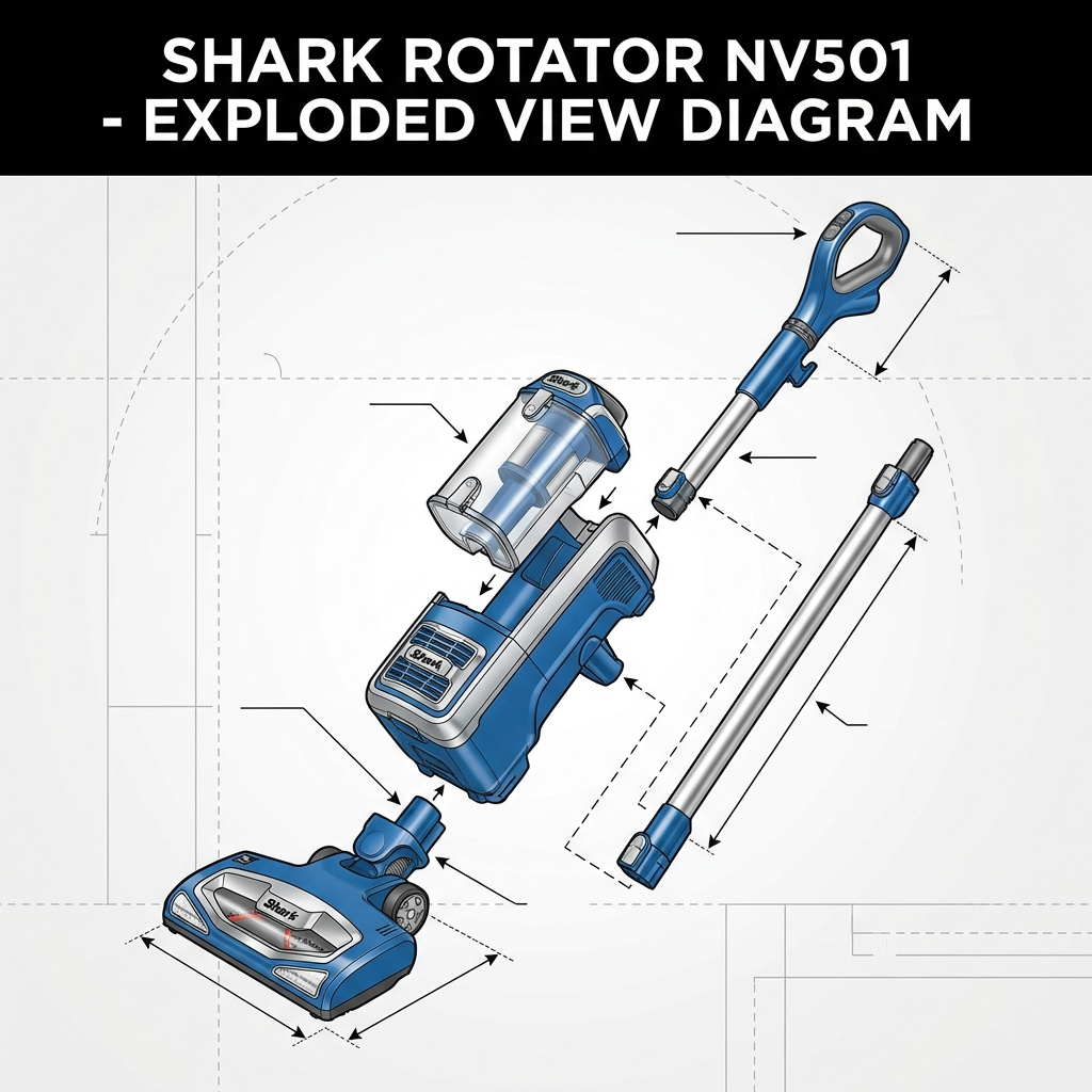 An exploded view diagram showing the main parts of a Shark Rotator NV501 upright vacuum