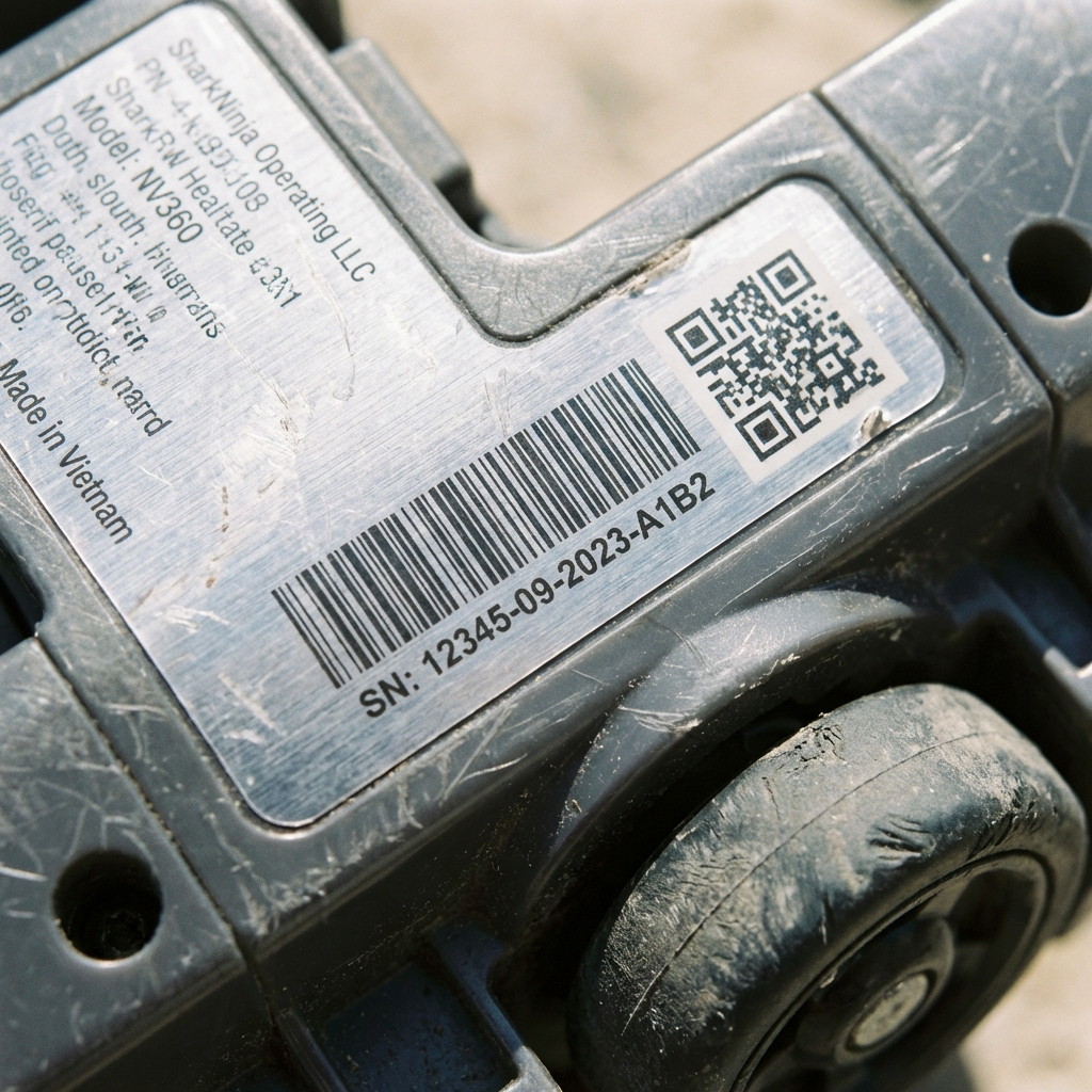 A silver serial number sticker with a barcode and QR code on the back of a Shark vacuum pod