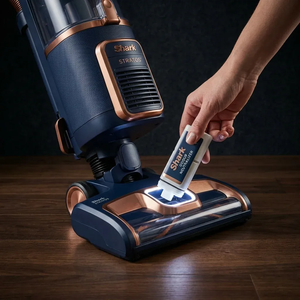 A Shark Stratos IZ862H cordless vacuum highlighting the odour neutralizer cartridge system