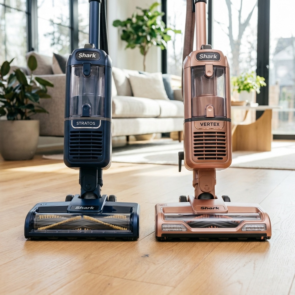 A side-by-side comparison of the Shark Stratos and Shark Vertex cordless vacuums in a modern home