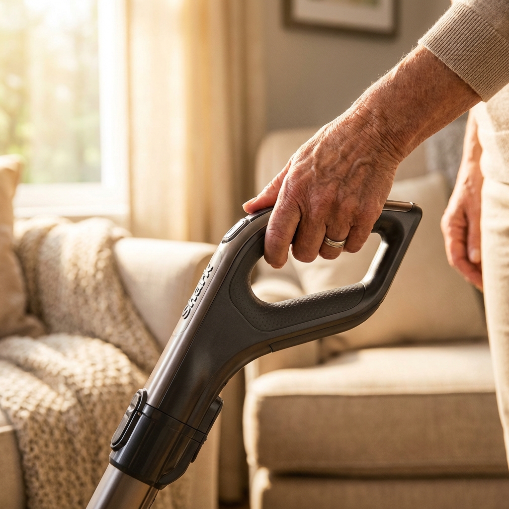 An elderly person's hand comfortably gripping the ergonomic handle of a lightweight Shark vacuum