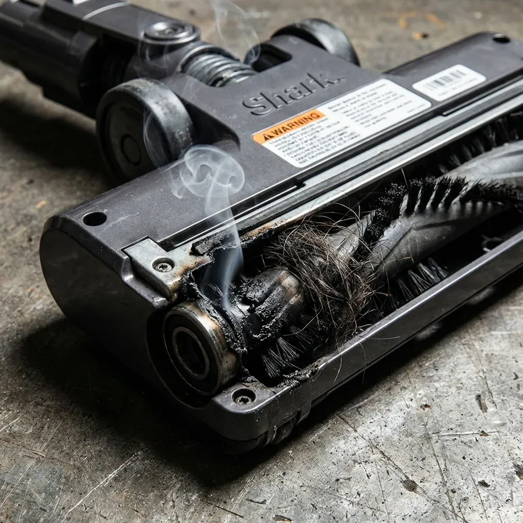 A technician inspecting a melted brush roll bearing on a Shark vacuum floor nozzle