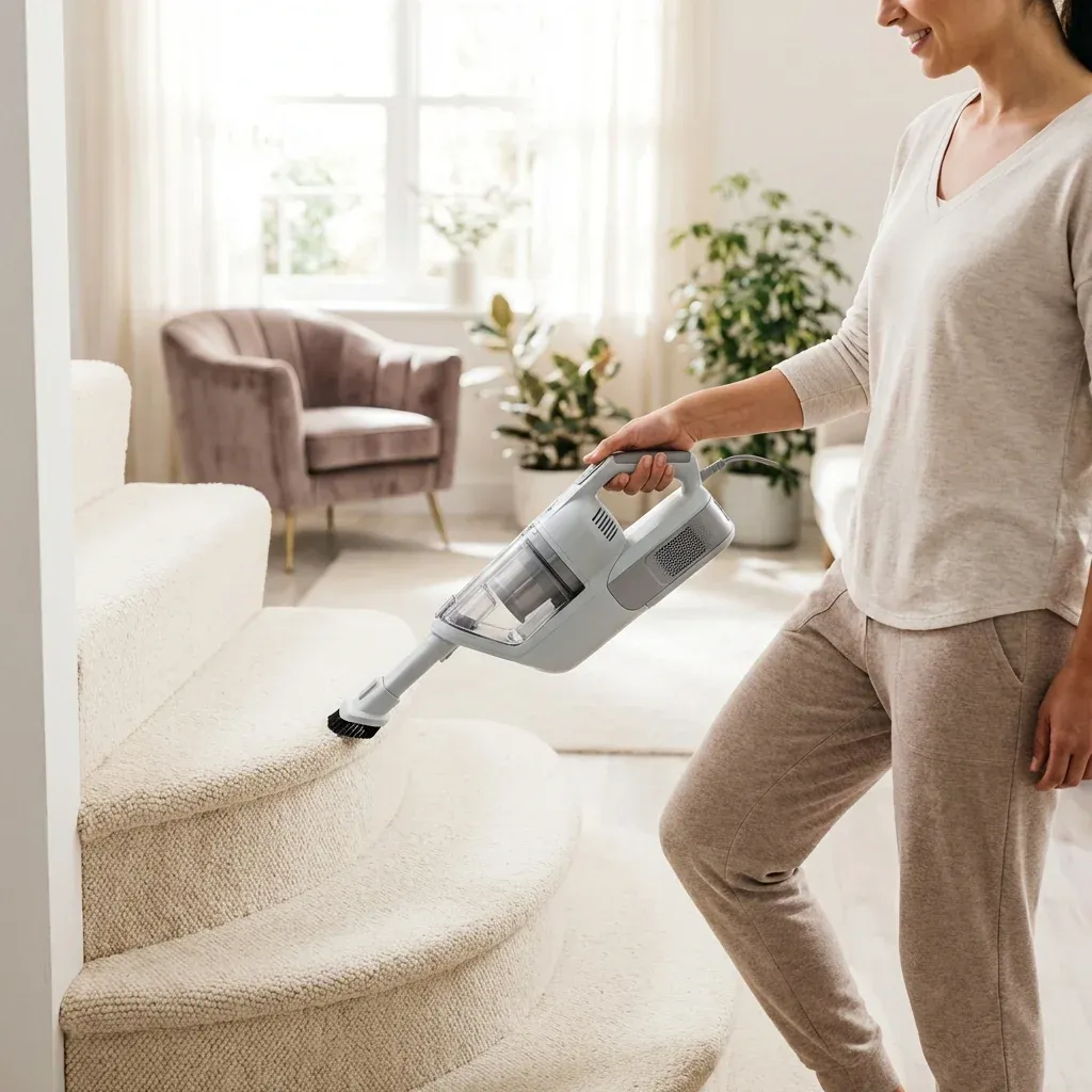 A person easily carrying a lightweight Shark vacuum in handheld mode up a carpeted staircase