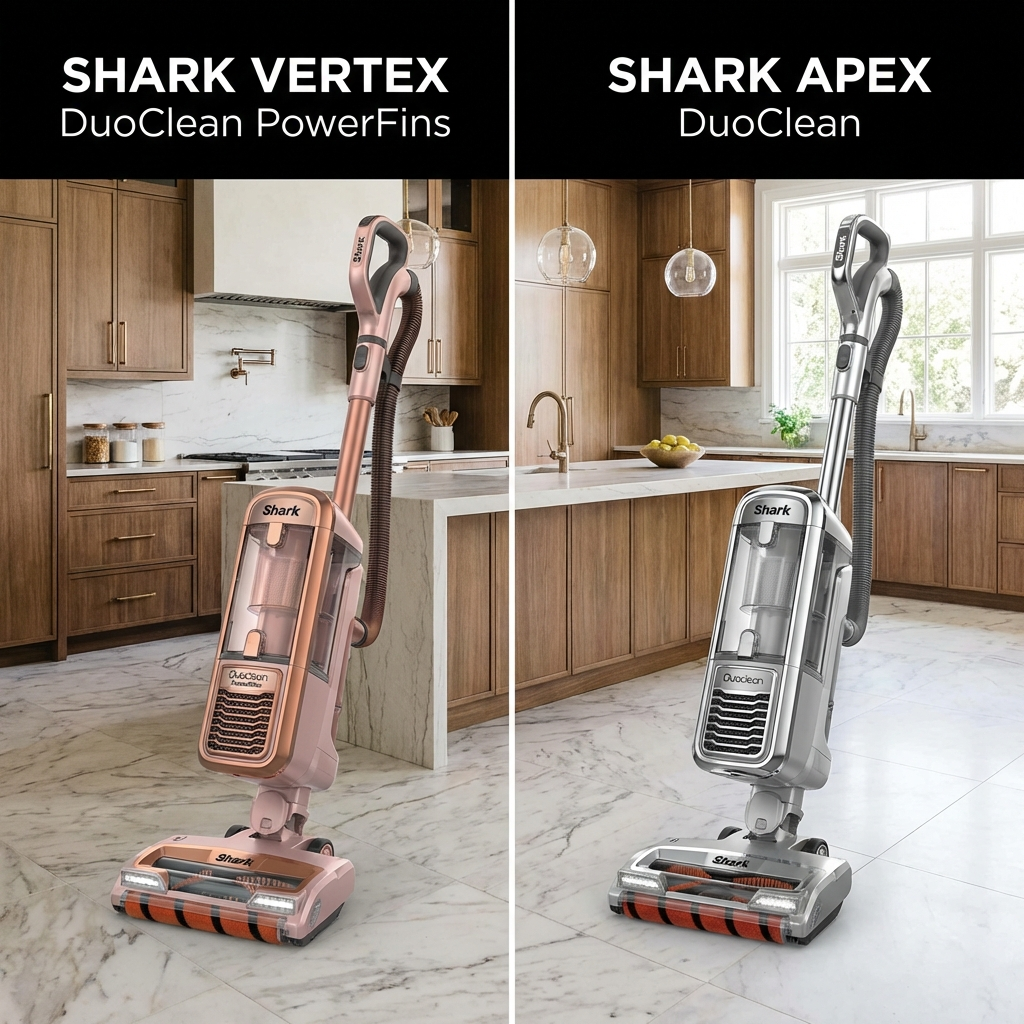 A side-by-side comparison of the Shark Vertex and Shark APEX upright vacuums in a modern kitchen