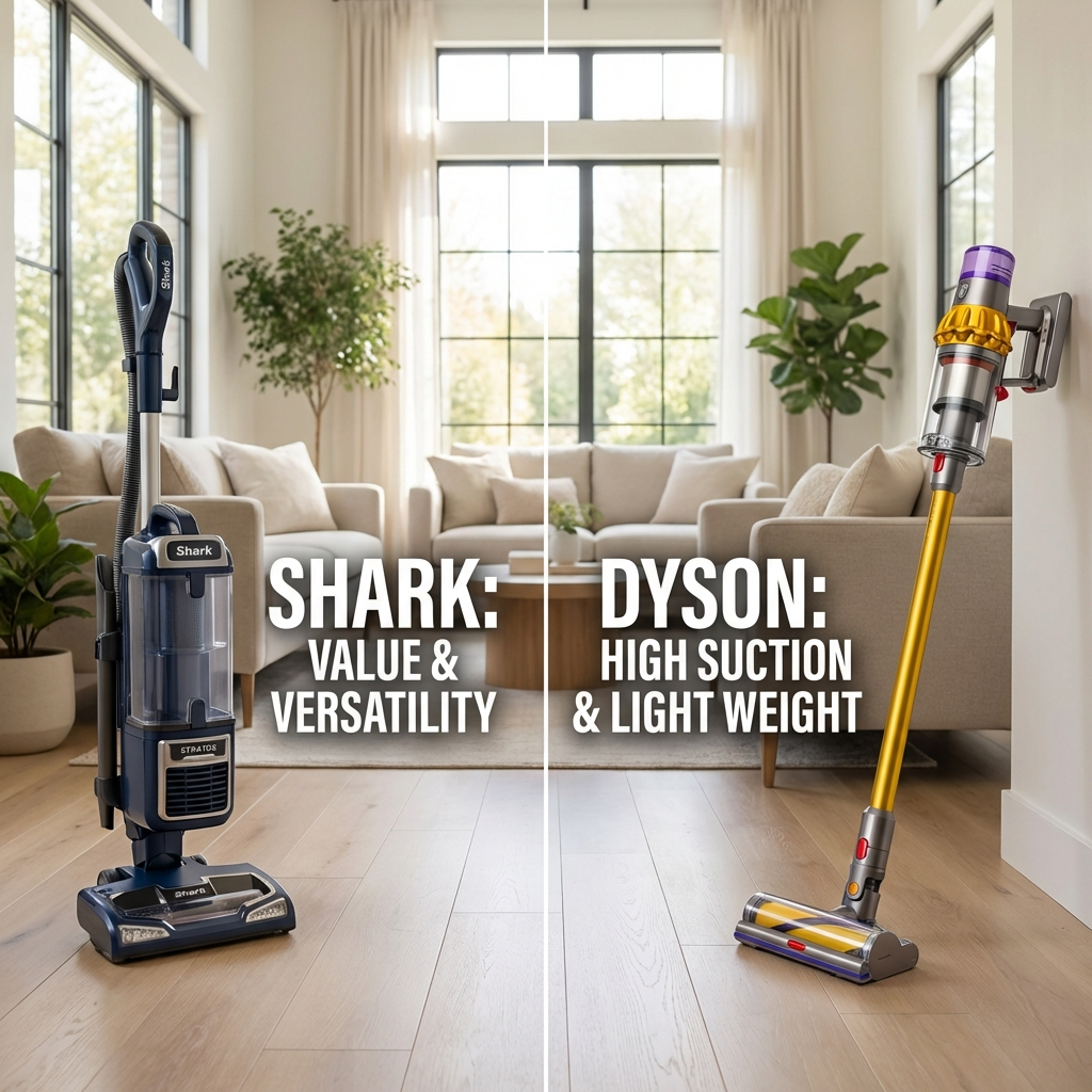 A senior-friendly side-by-side comparison of a Shark Stratos and a Dyson V15 Detect with text highlights on their benefits