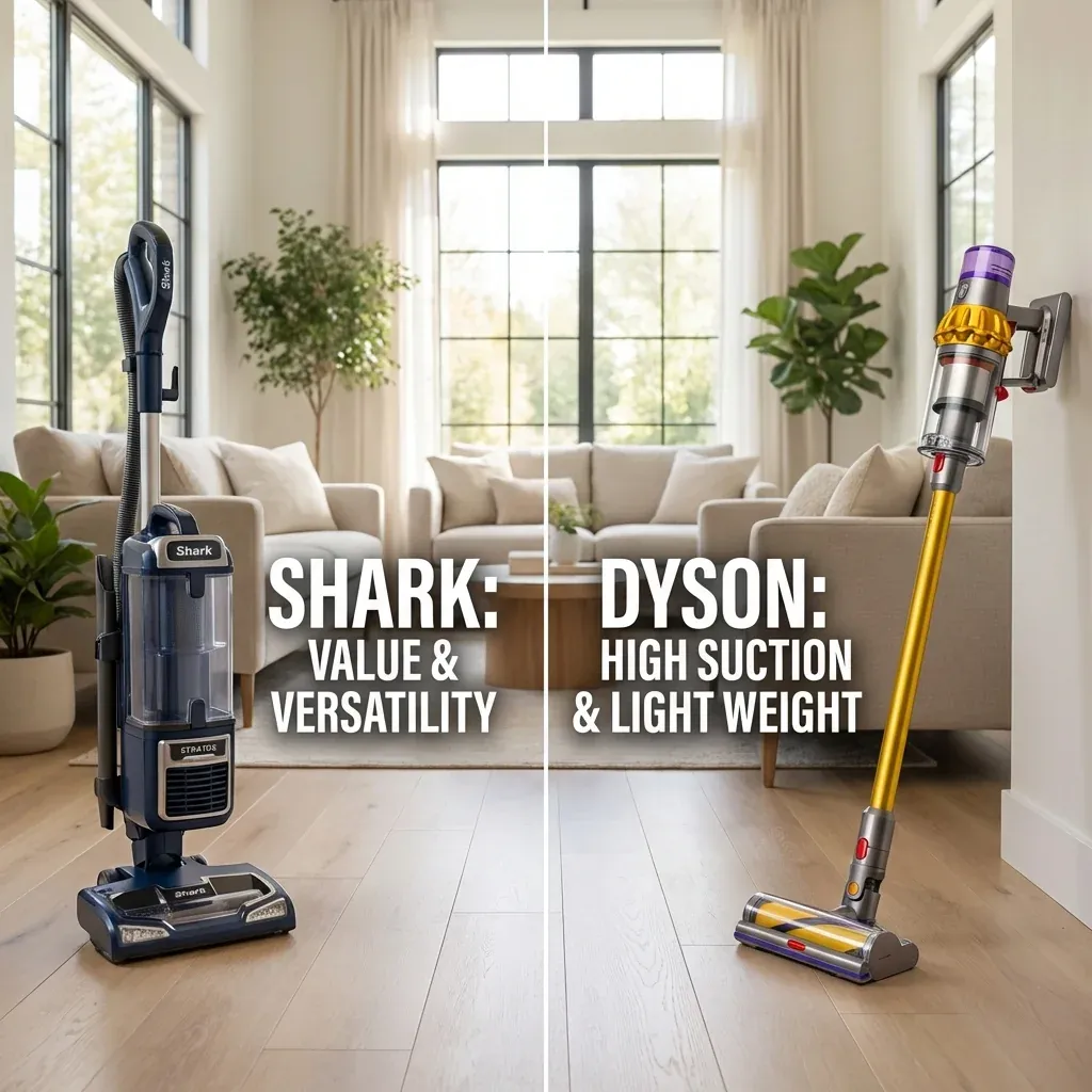 A senior-friendly side-by-side comparison of a Shark Stratos and a Dyson V15 Detect with text highlights on their benefits