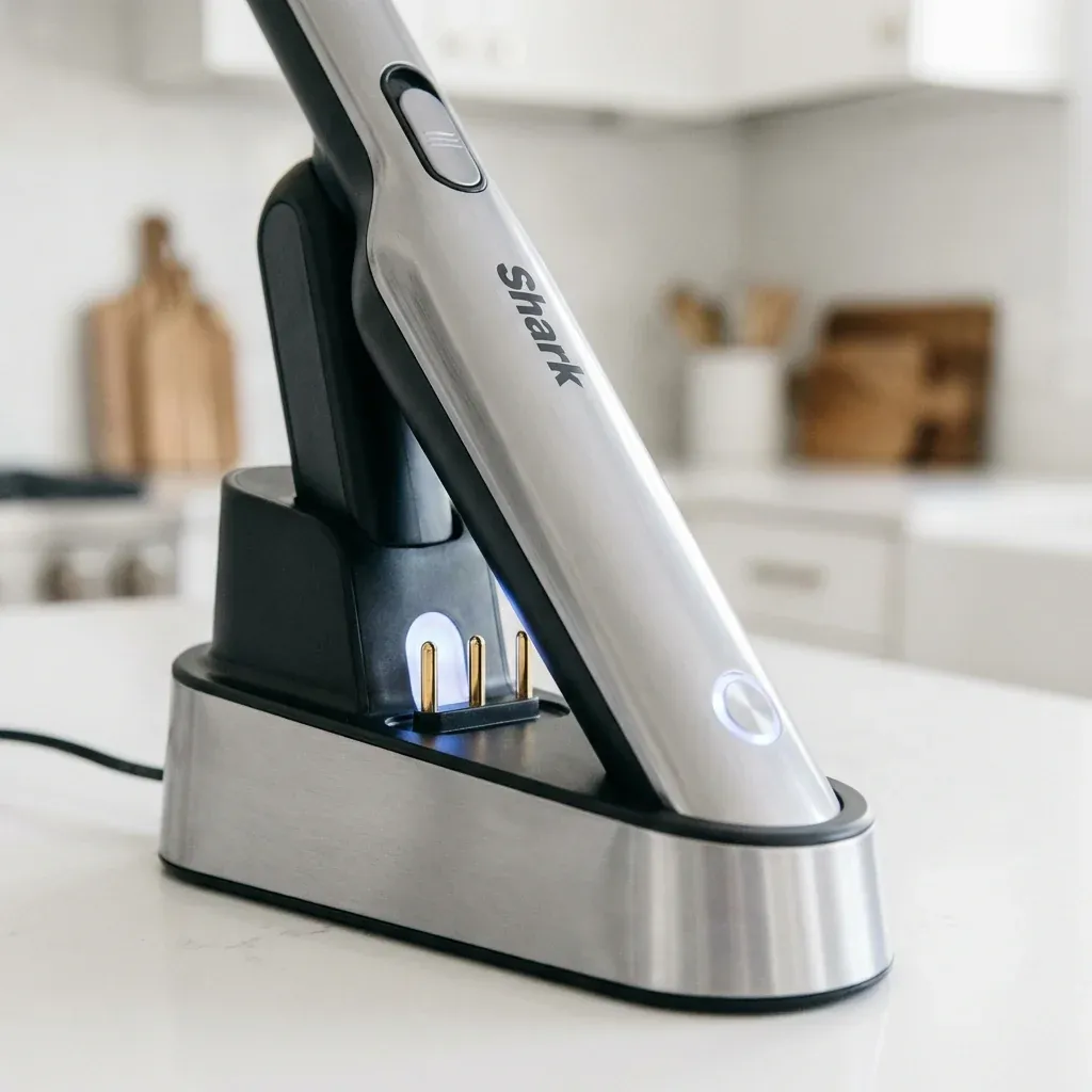 A Shark Wandvac handheld vacuum sitting on its charging dock with visible metal contact pins and glowing status lights