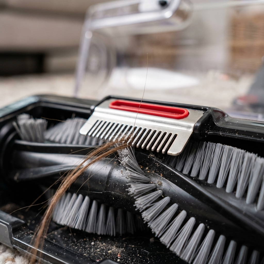 A close-up view of a Shark Zero-M brushroll with hair being actively separated by the internal comb